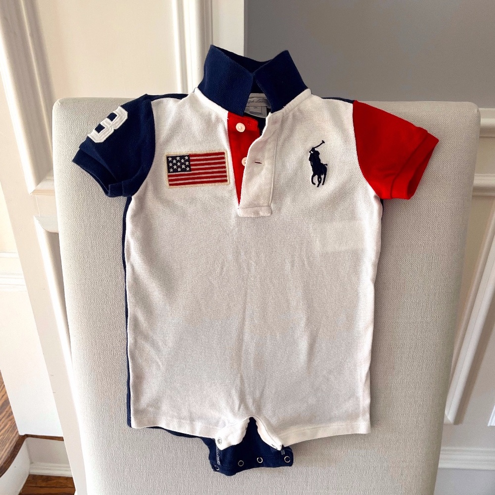 Ralph Lauren White, Navy & Red Polo Baby One-Piece